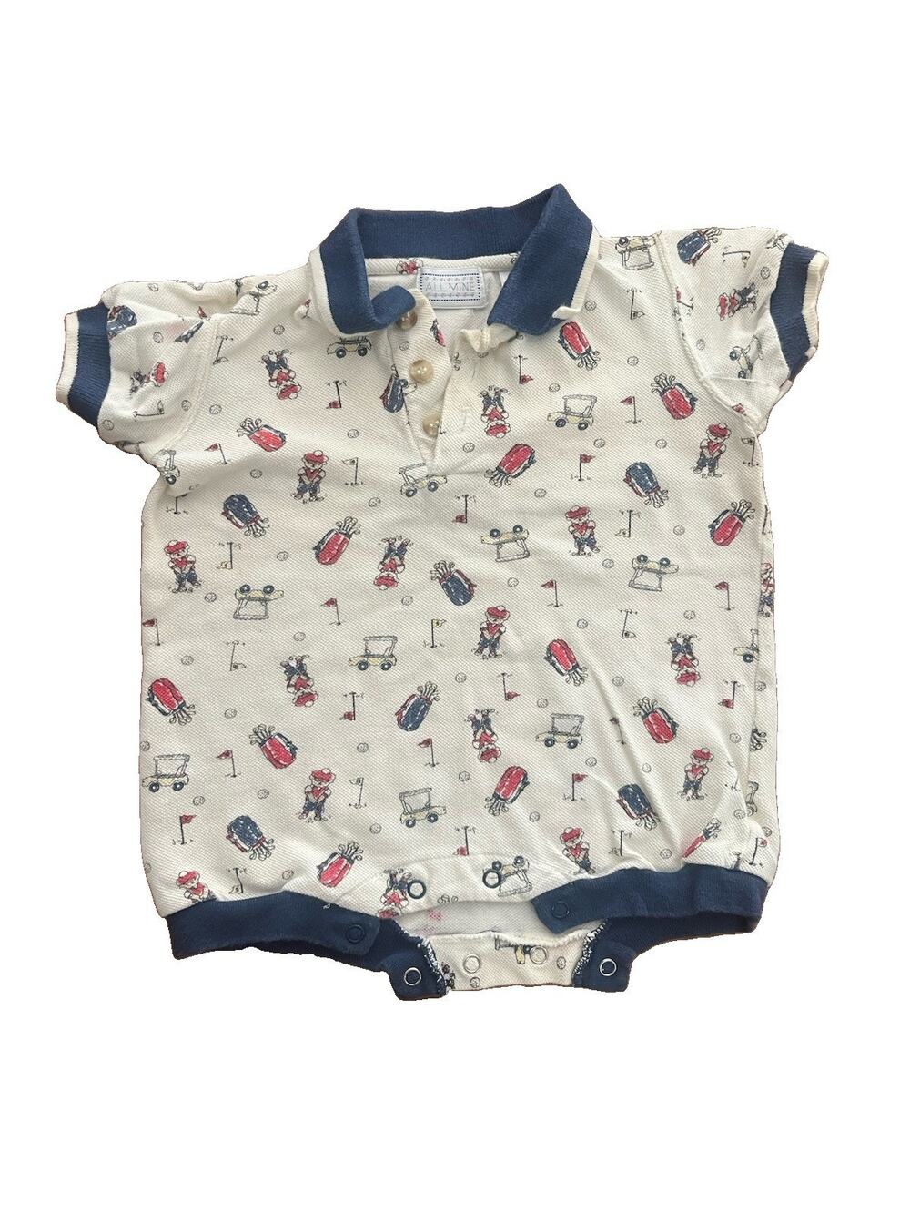 All Mine Baby Golf Polo Romper 6/9M Golf Cart Golfer Print Cotton Vintage
